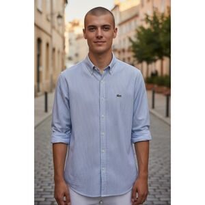 Lacoste Men's Long Sleeve Button Down Size 44 Green White Striped